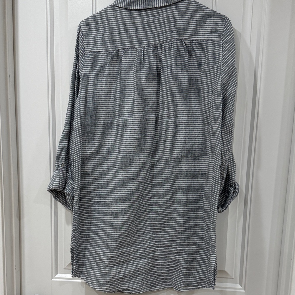 EUC Artisan Ny Slate Blue & White Striped Linen Button-Up Tunic - Picture 5 of 5